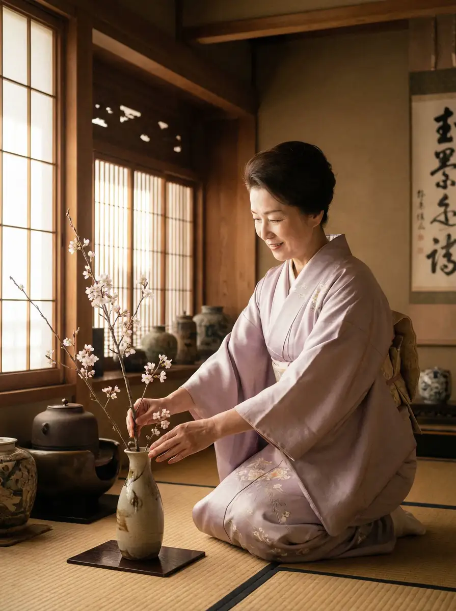 一位优雅的 神秘入口 在和室中插花